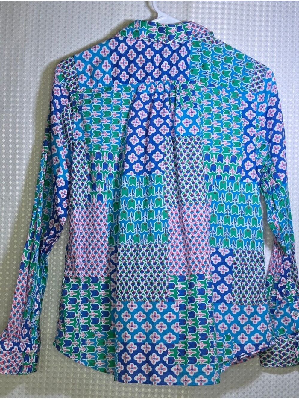 Talbots Petites Patchwork Print Button Front Blouse Blue Pink Green MP - Picture 8 of 16